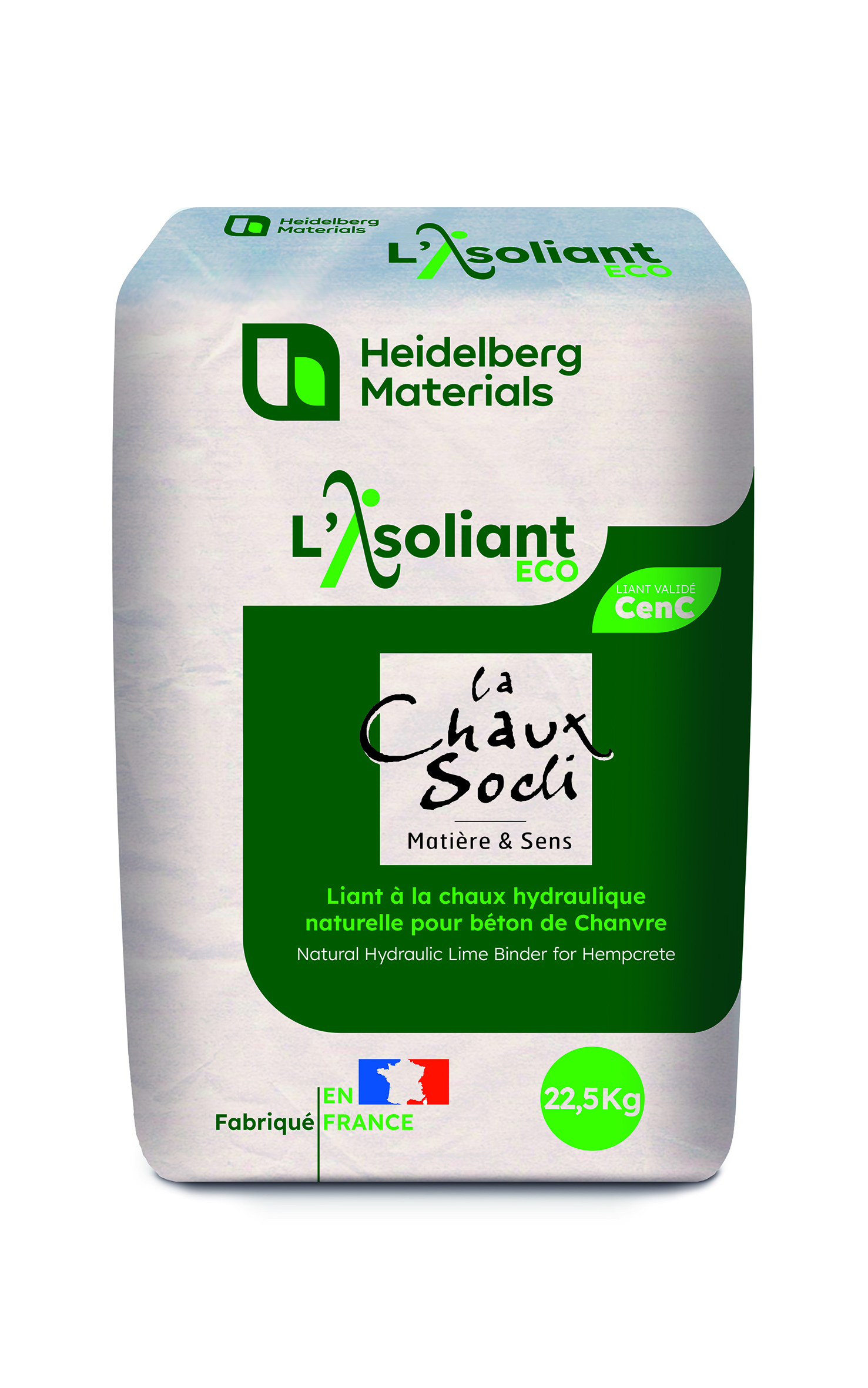 A product package featuring "L'Écoliant" branding from Heidelberg Materials. The central text highlights "La Chaux Socli," with additional details in French about the product being a natural hydraulic lime. The design includes green accents, a certification badge, and the French flag at the bottom, indicating its manufacturing origin.