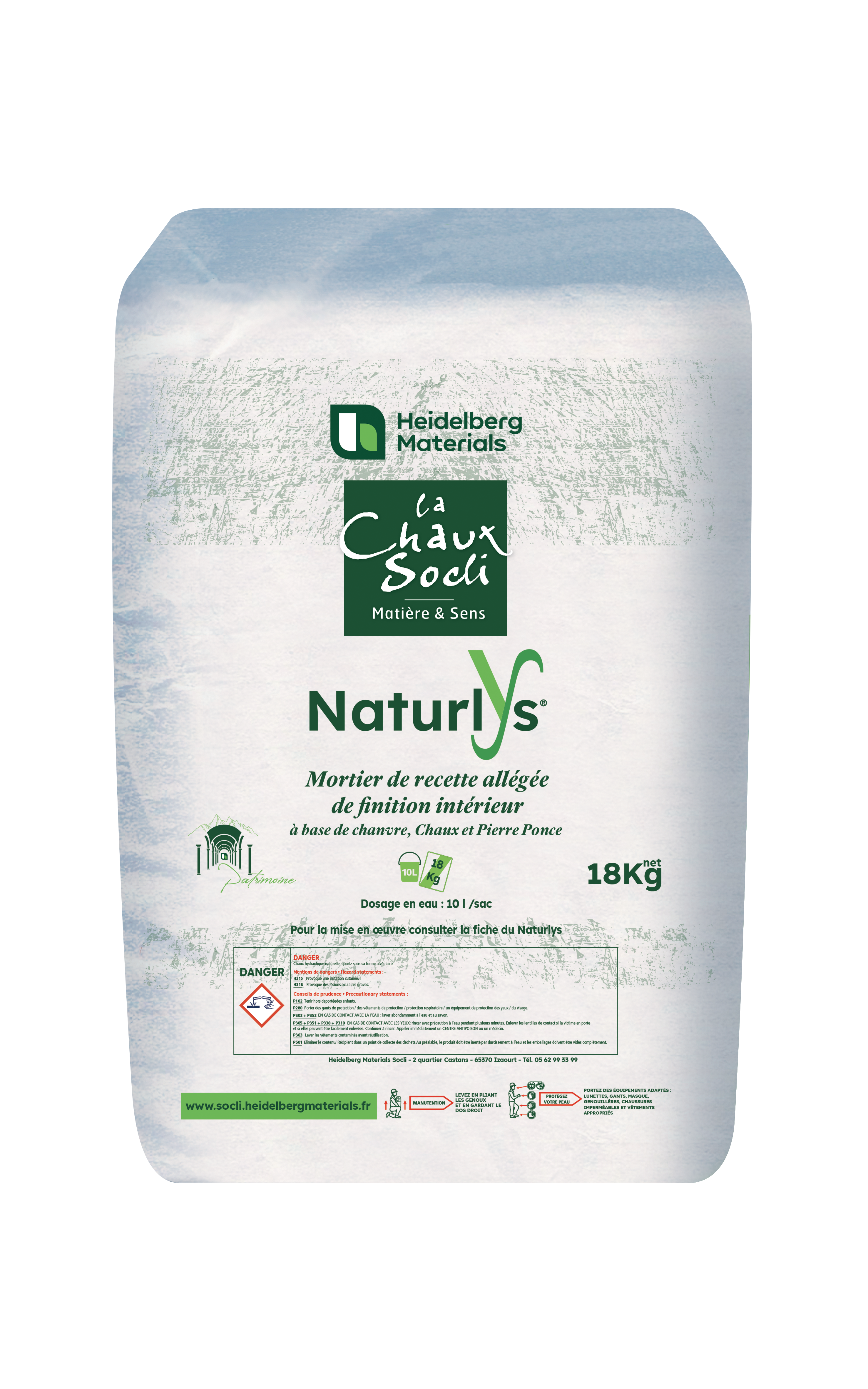 A white plastic bag of Natur'VS garden lime weighing 18 kilograms, featuring green branding and text, including logos and product details. The bag displays safety information and usage instructions at the bottom.