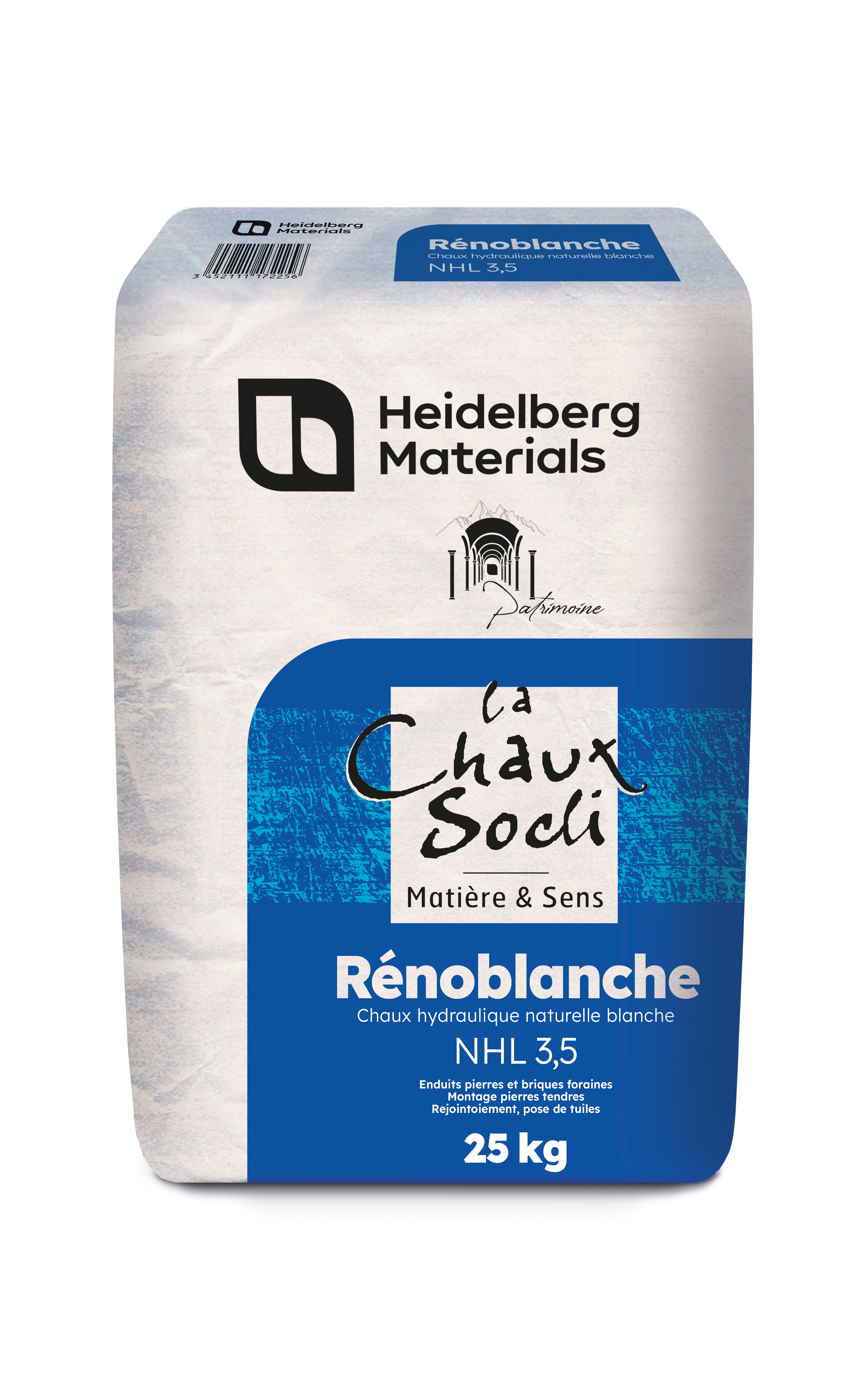 A 25 kg bag of Heidelberg Materials "Chaux Socli Rénoblanche" lime-based product featuring a white body with a blue label. The packaging displays the Heidelberg Materials logo at the top, product name in the center, and additional details indicating it is NH 3.5 natural hydraulic lime.