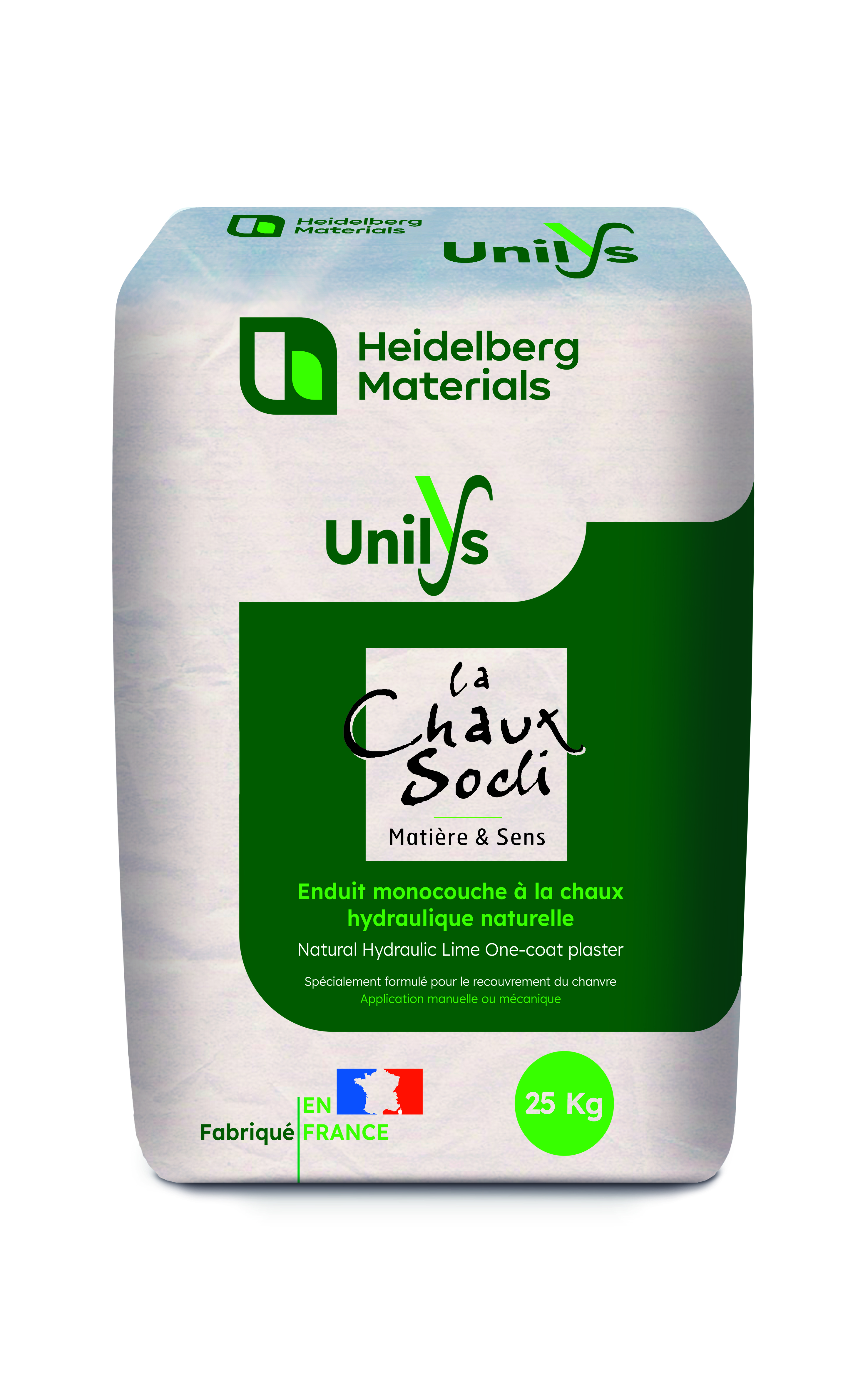 A 25 kg bag of Heidelberg Materials UniVS lime-based hydraulic binder, featuring a green and white design with branding, product details, and French certification markings.